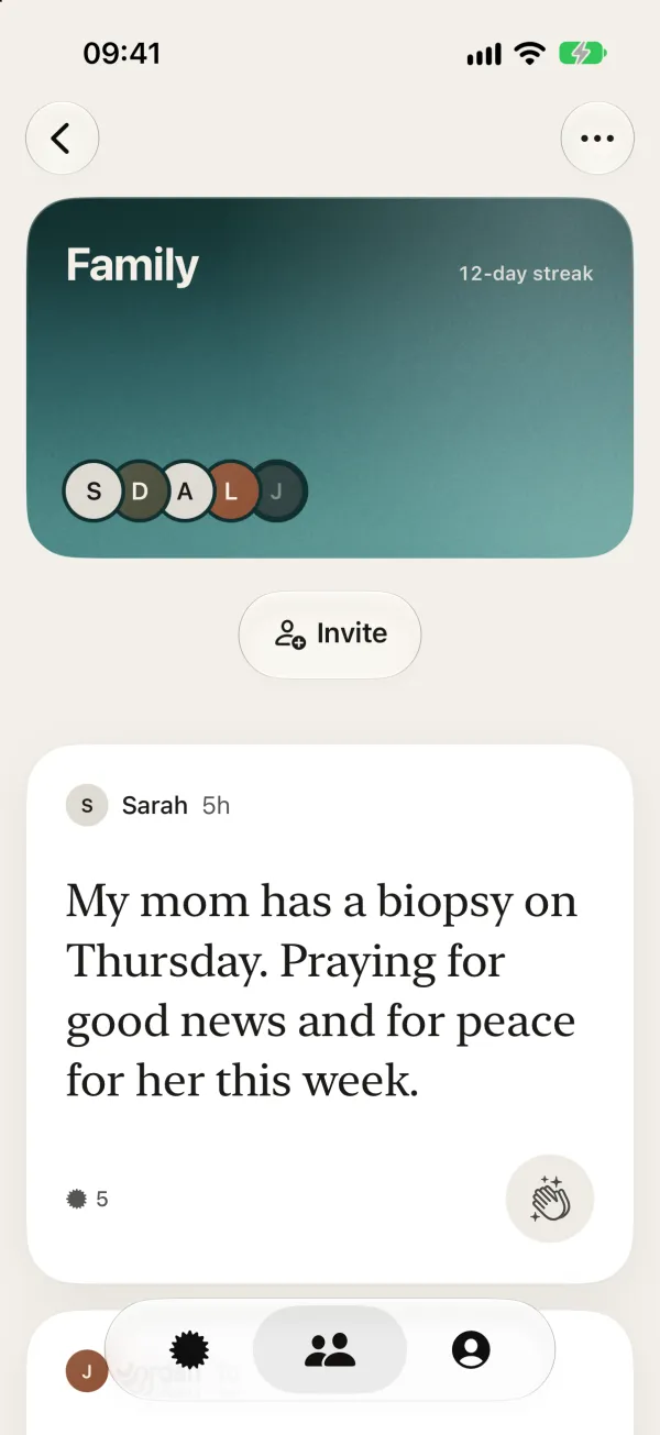 A Family circle in PrayerBoard with a 12-day streak and Sarah's prayer request