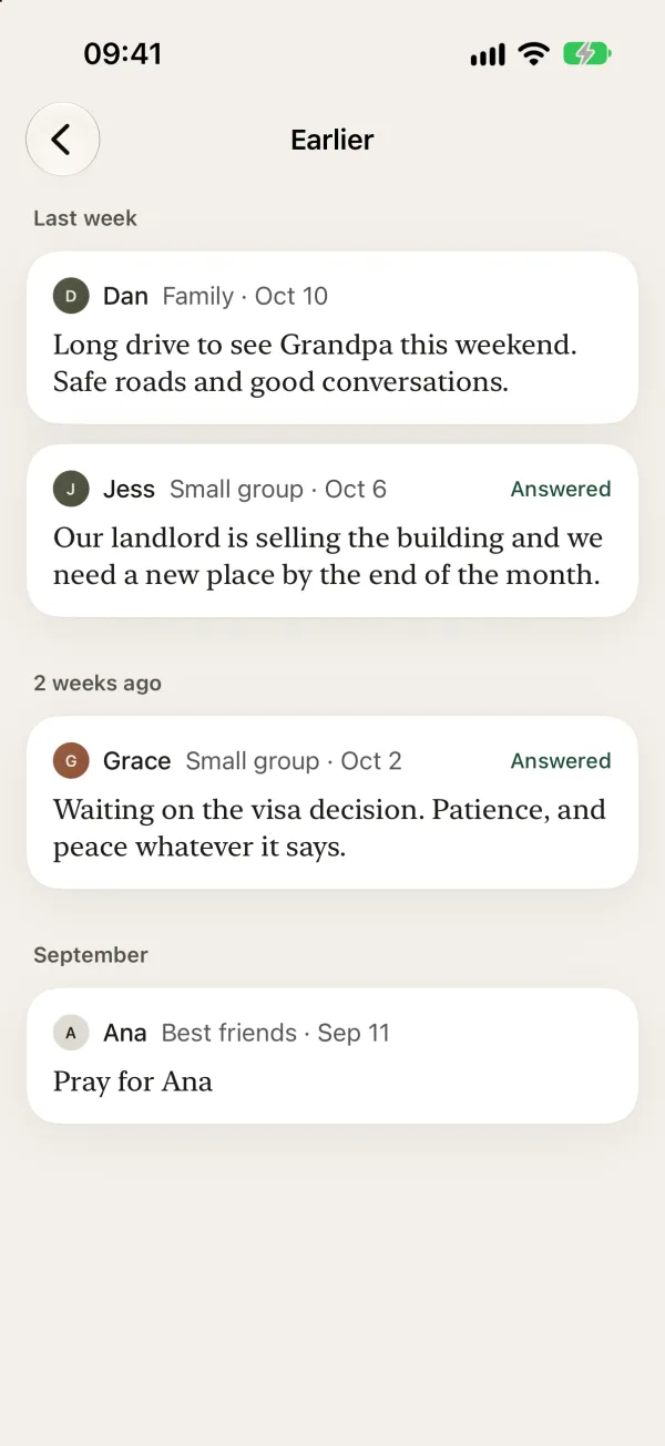 Earlier prayer requests in PrayerBoard, two of them marked Answered