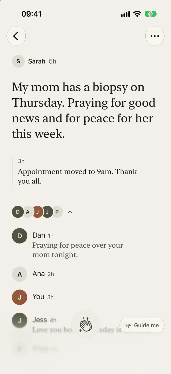 A prayer request in PrayerBoard with an update and the friends who prayed, with their notes