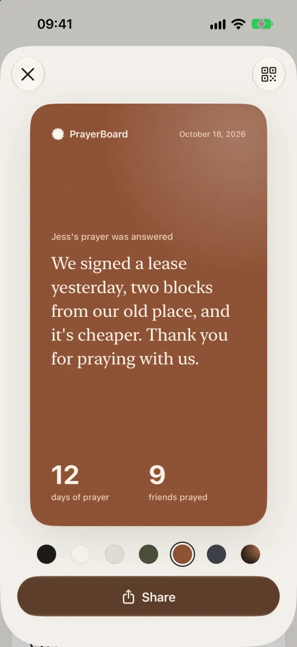 An answered prayer card in PrayerBoard: 12 days of prayer, 9 friends prayed
