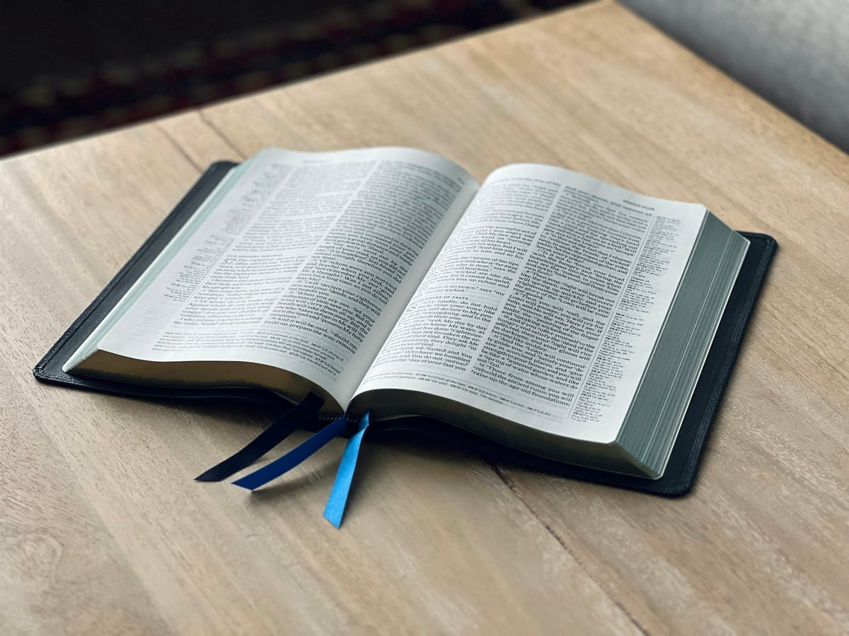 An open black Bible with two blue ribbon markers lying on a pale wooden table