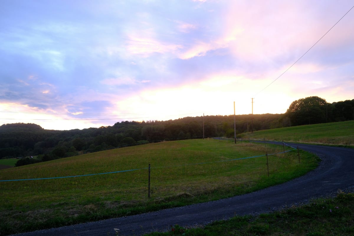 A quiet country road curving past green fields and wooded hills under a soft pink evening sky