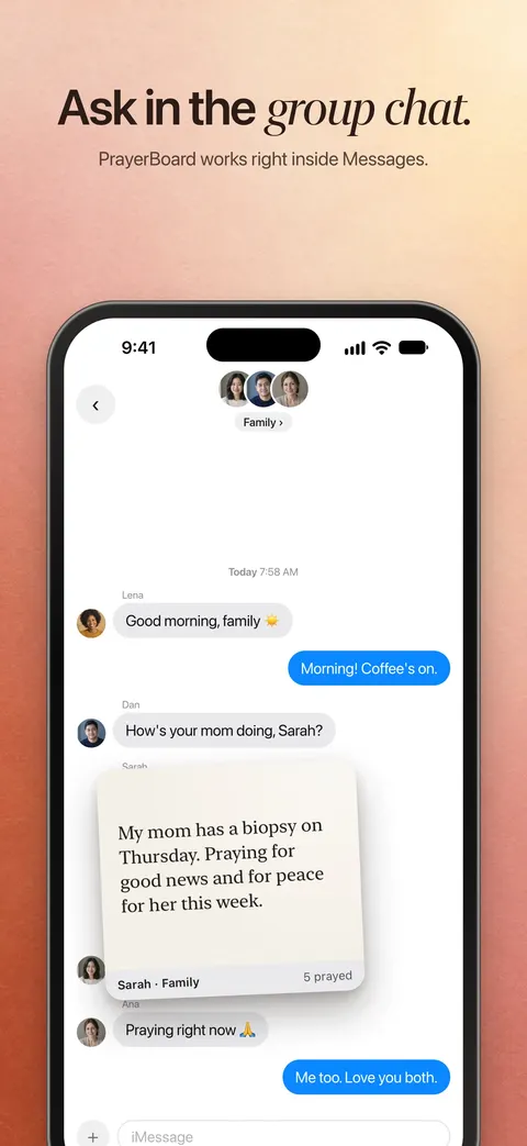 A prayer request shared as a card in a Messages conversation