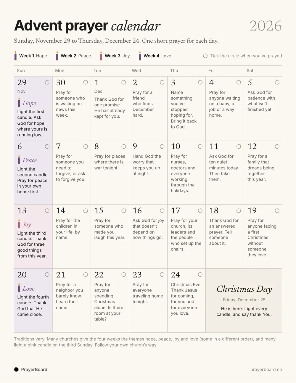 Advent 2026 prayer calendar: free printable PDF, page 1
