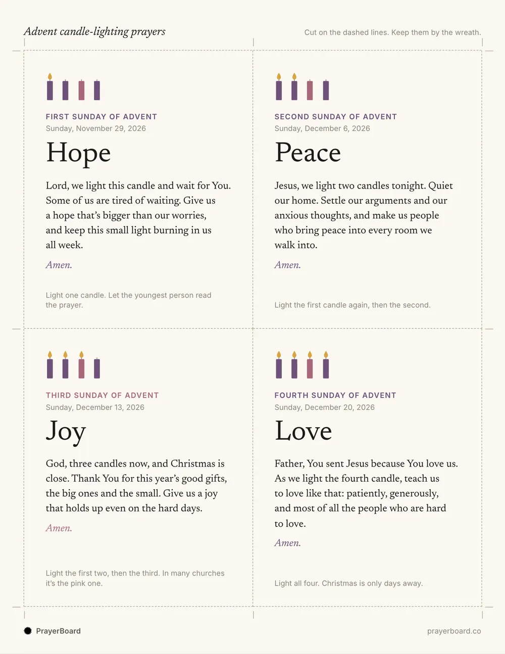 A printed sheet of four Advent candle-lighting prayer cards for hope, peace, joy and love, with the 2026 Sunday dates
