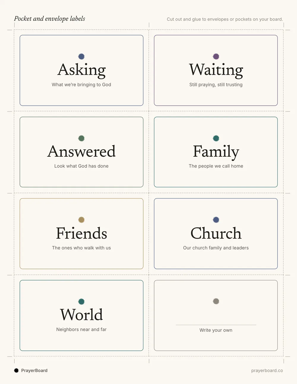 Printable pocket labels for a prayer board: Asking, Waiting, Answered, Family, Friends, Church, World and a blank label
