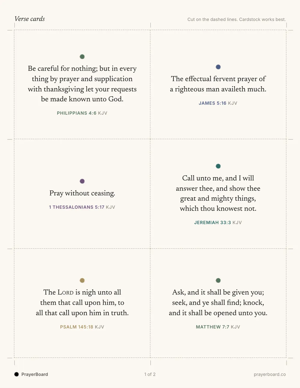 A printable sheet of six KJV verse cards for a prayer board, including Philippians 4:6 and Matthew 7:7