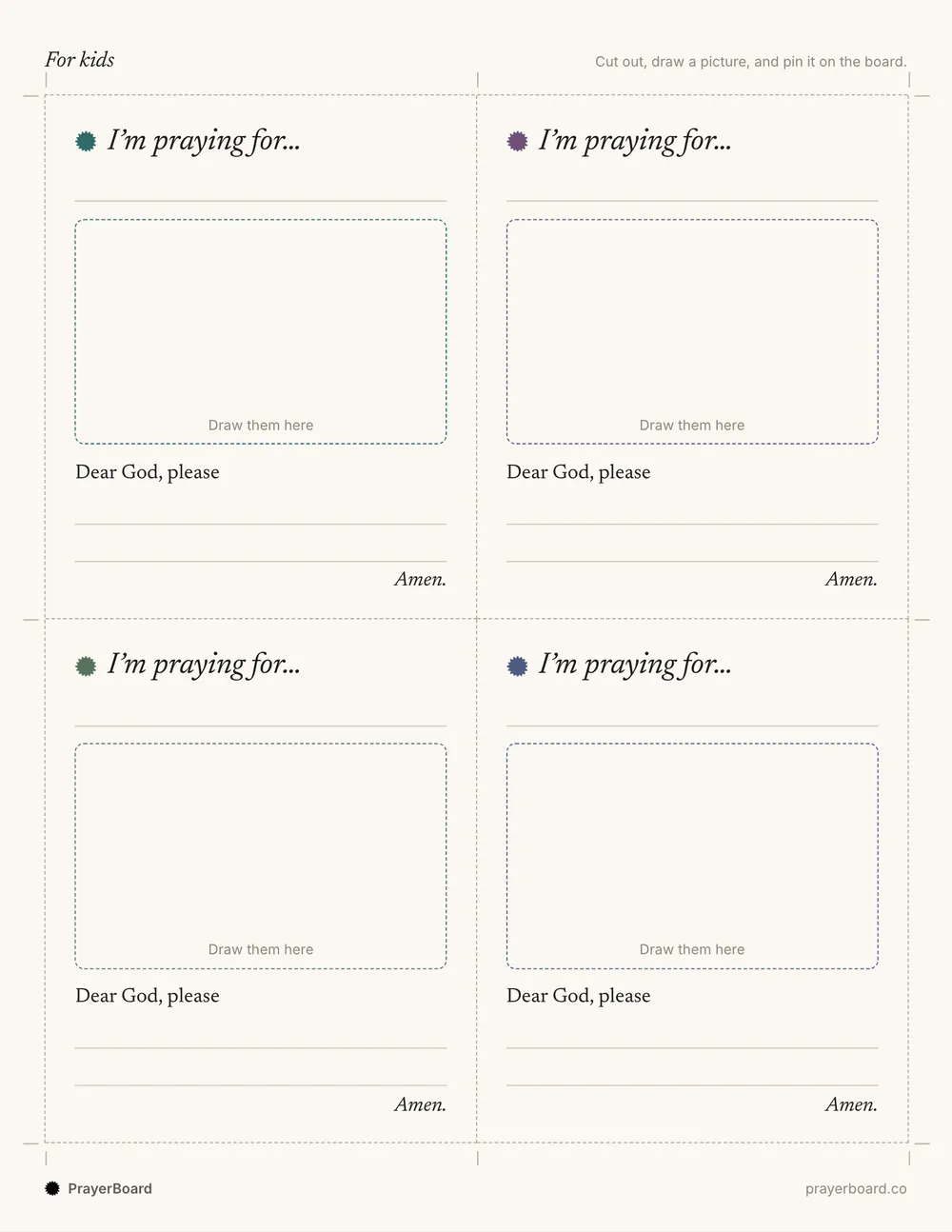 Four printable kids' prayer cards, each with a box to draw a picture and the words Dear God, please