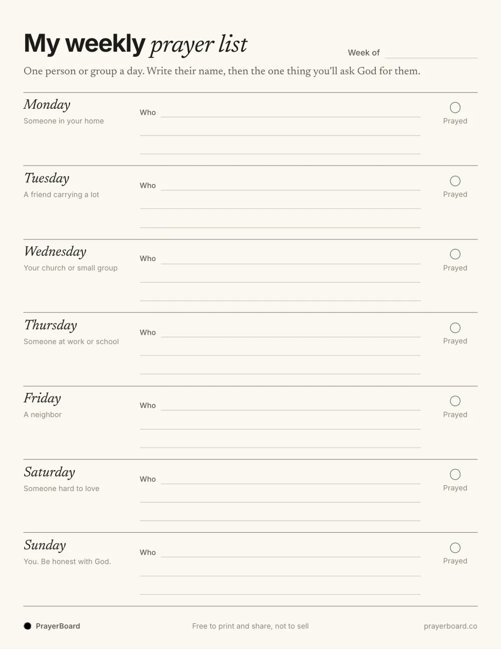 Printable prayer list: free printable PDF, page 1