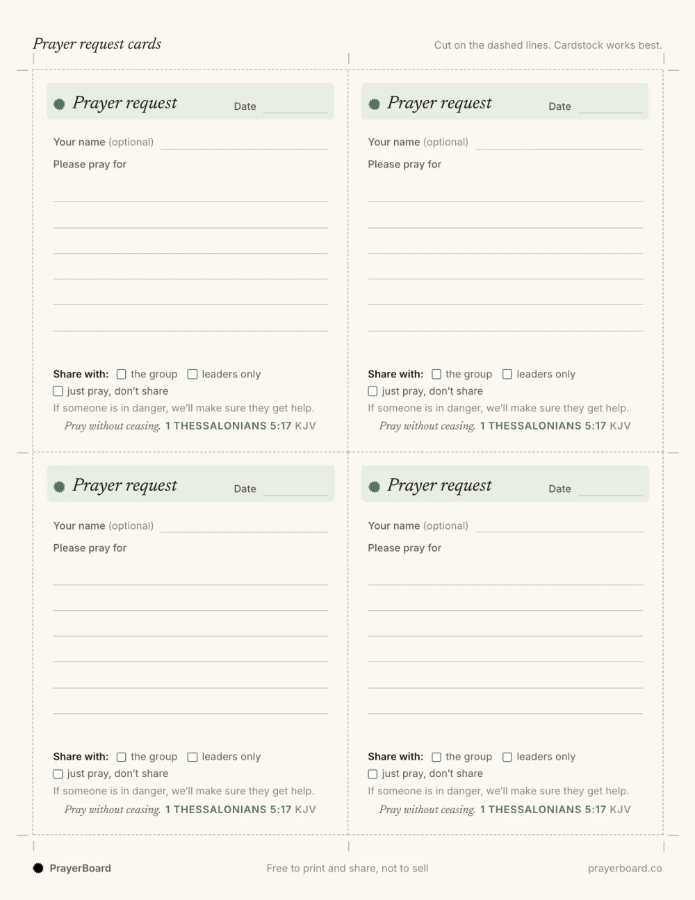 A printable sheet of four prayer request cards, each with a date, lines to write on and a Share with line: the group, leaders only or just pray, don't share