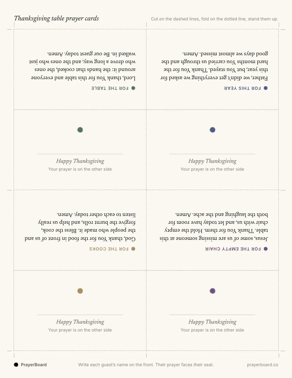 A sheet of four fold-over Thanksgiving table cards, each with a short printed prayer and a space for a guest's name